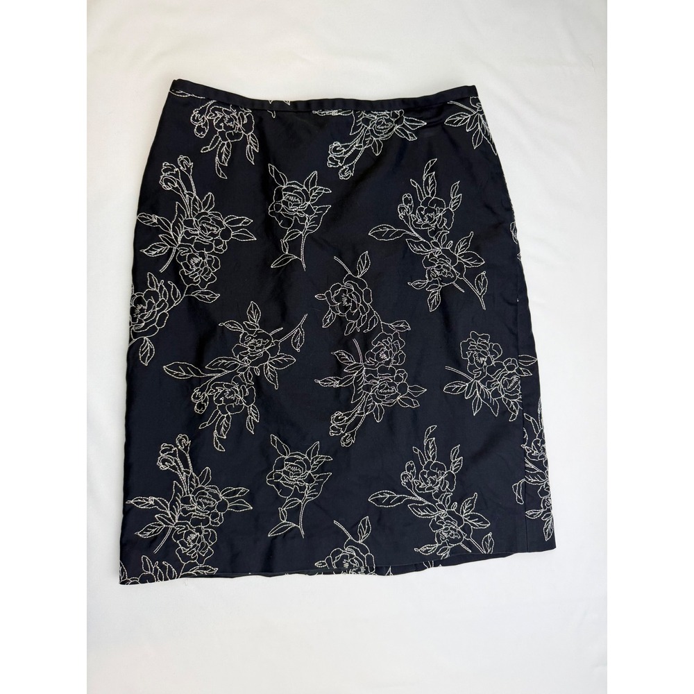 Ann Taylor Black Cotton Silk Floral Embroidered Pencil Skirt Size 6
